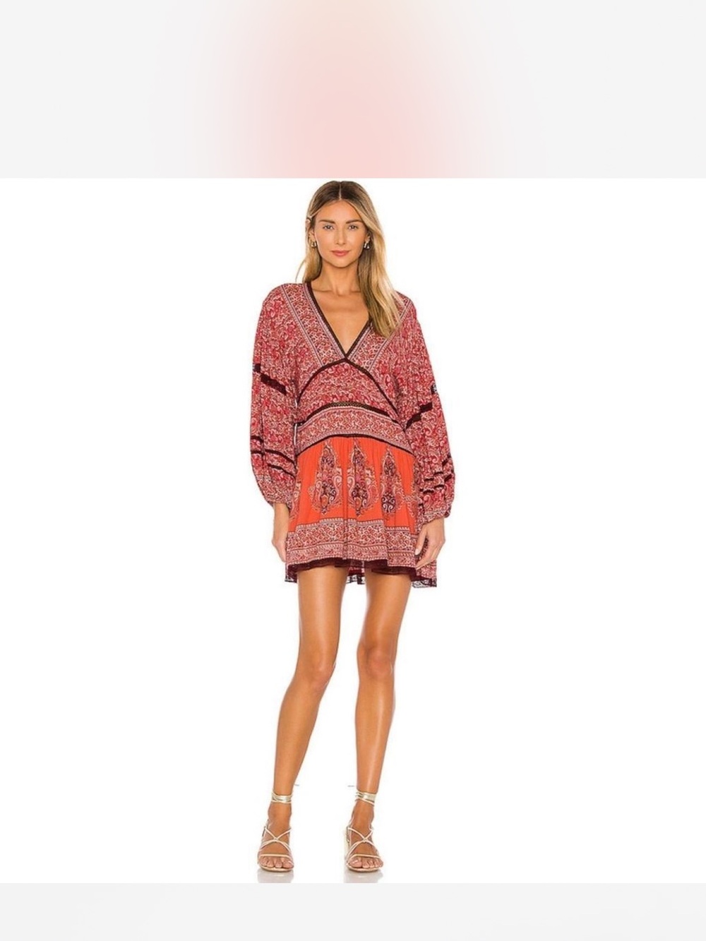 Free People Luna Scarf Tunic Dress Paisley Balloon Sleeve Red Size XL
